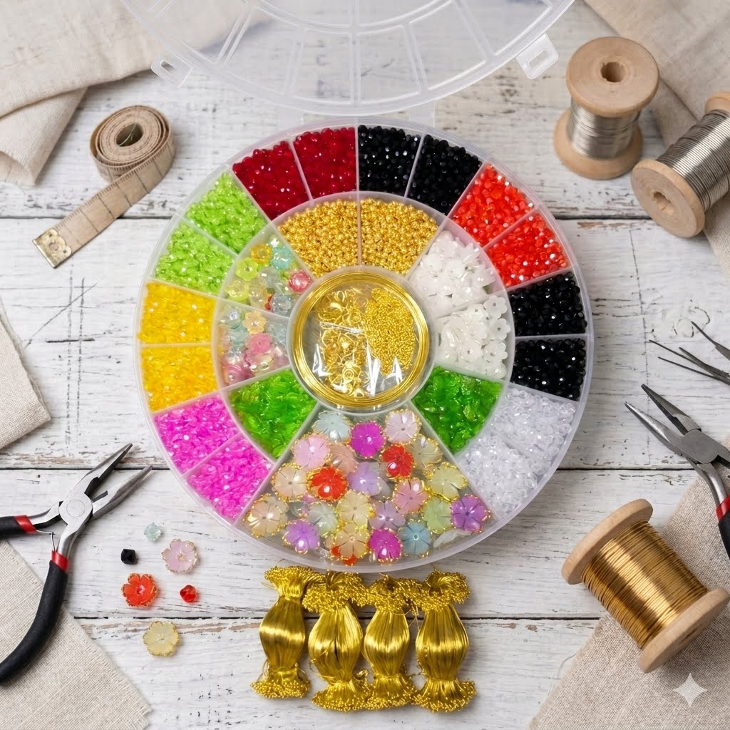 Complete DIY Gajra Bracelet Making Kit with Round Storage Box
