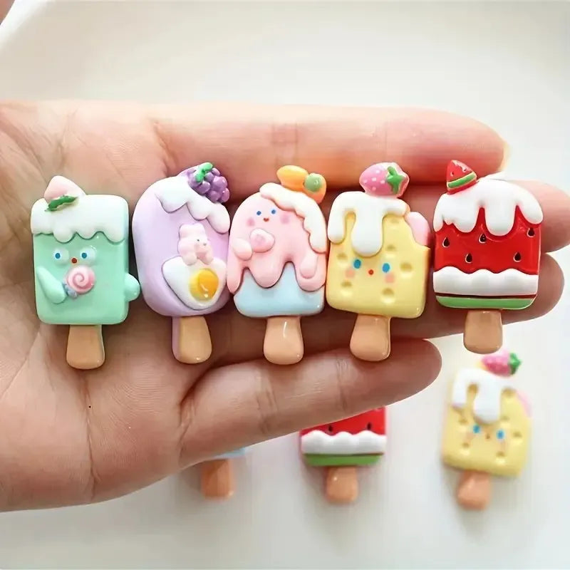 5 Pcs Cute Kawaii Ice Cream Popsicle Resin Charms with Eye Pin