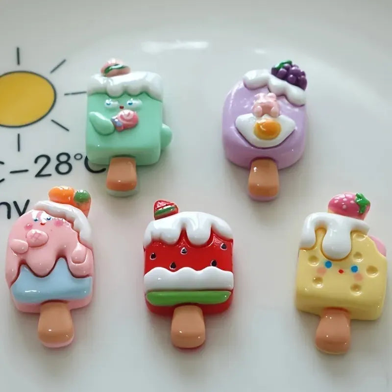 5 Pcs Cute Kawaii Ice Cream Popsicle Resin Charms with Eye Pin