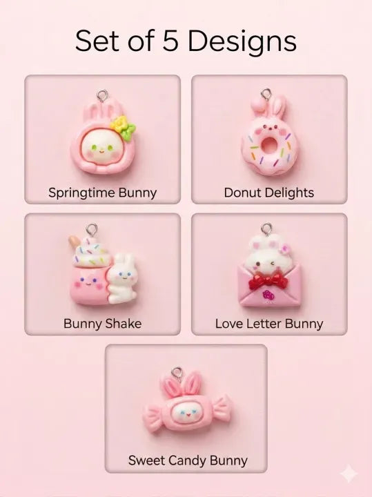 Cute Pink Kawaii Rabbit Resin Charms Set - 5 Pcs