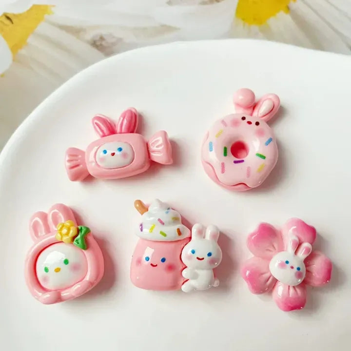 Cute Pink Kawaii Rabbit Resin Charms Set - 5 Pcs