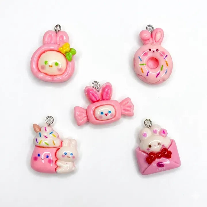 Cute Pink Kawaii Rabbit Resin Charms Set - 5 Pcs