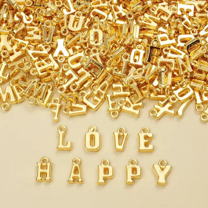 100 Pcs Premium Golden Alphabet Letter Charms – Shiny Gold A-Z