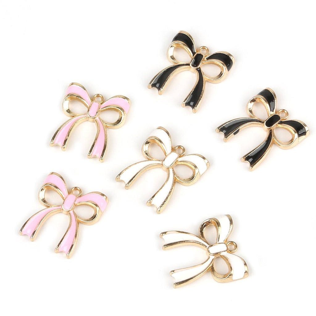 10Pcs Enamel Alloy Bow Charms Pink/White/Black Pendant