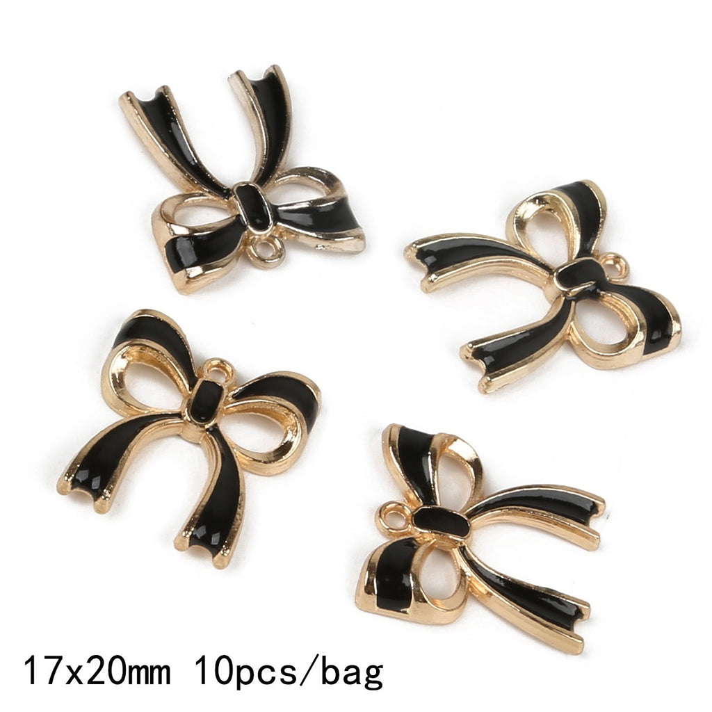 10Pcs Enamel Alloy Bow Charms Pink/White/Black Pendant